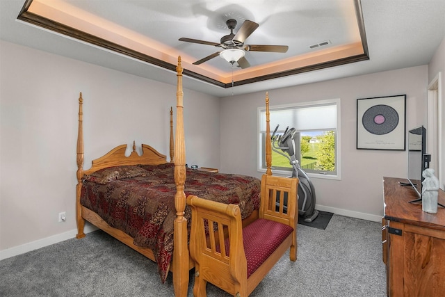 3414 163rd St, Urbandale, IA 50323 - carpeted bedroom featuring a raised ceiling, baseboards, and ceiling fan