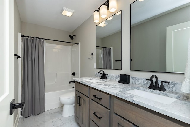 730 NE Country Meadow Dr, Ankeny, IA 50021 - full bath featuring marble finish flooring, double vanity, shower / bath combo with shower curtain, and toilet