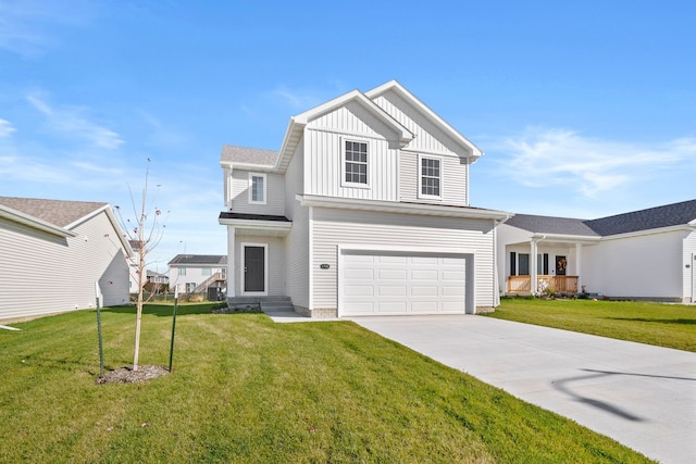 traditional-style house with board and batten siding, driveway, an attached garage, and a front yard
