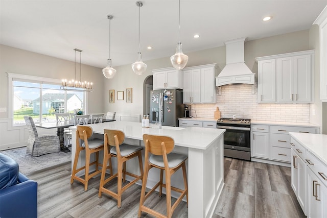 3316 NW 27th St, Ankeny, IA 50023 - kitchen featuring stainless steel appliances, custom exhaust hood, light countertops, wood finished floors, and recessed lighting