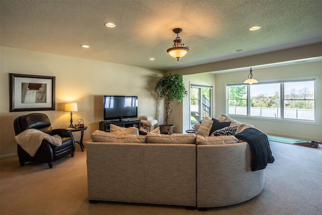 9257 Sugar Creek Dr, West Des Moines, IA 50266 - living area with carpet, a textured ceiling, and recessed lighting