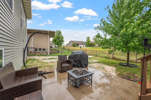 235 Emerson Ln, Waukee, IA 50263 - fenced backyard featuring an outdoor fire pit, a patio, and area for grilling