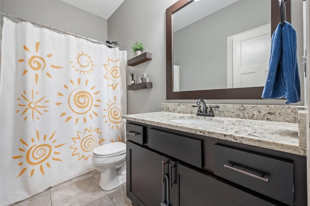 235 Emerson Ln, Waukee, IA 50263 - bathroom with toilet, vanity, a shower with shower curtain, and tile patterned flooring