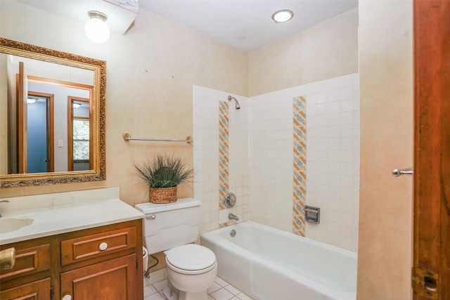 full bathroom featuring vanity, toilet, tile patterned floors, and bathtub / shower combination