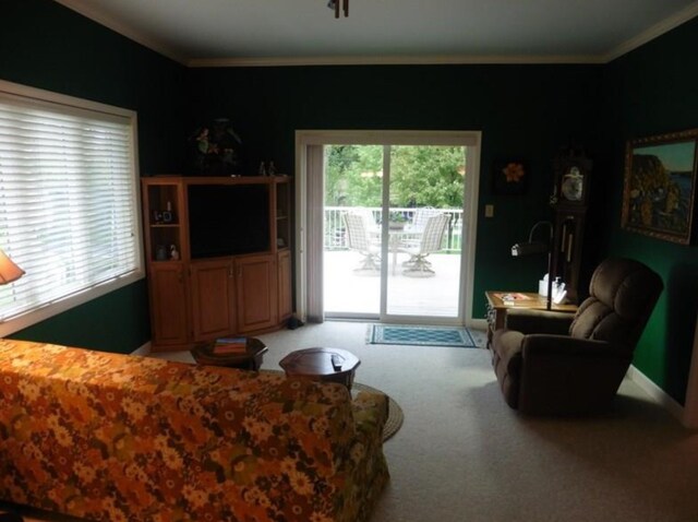 322 S Temple St, Osceola, IA 50213 - living room featuring ornamental molding and light carpet