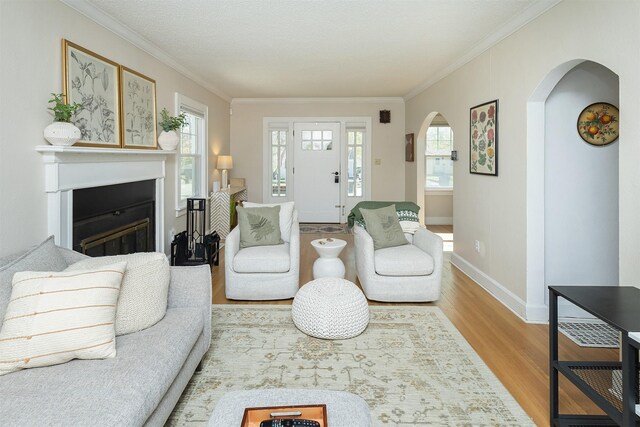 2620 35th St, Des Moines, IA 50310 - living area with wood finished floors, arched walkways, ornamental molding, baseboards, and a glass covered fireplace