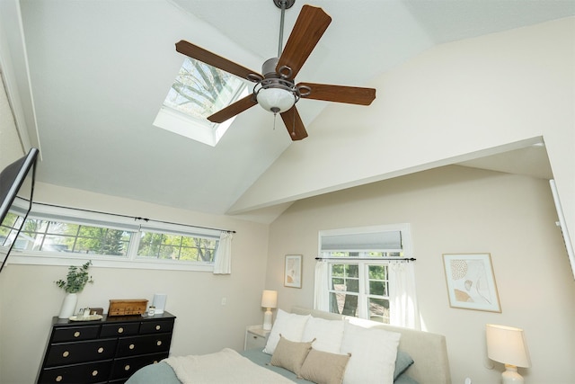 2620 35th St, Des Moines, IA 50310 - bedroom with a skylight, a ceiling fan, and high vaulted ceiling
