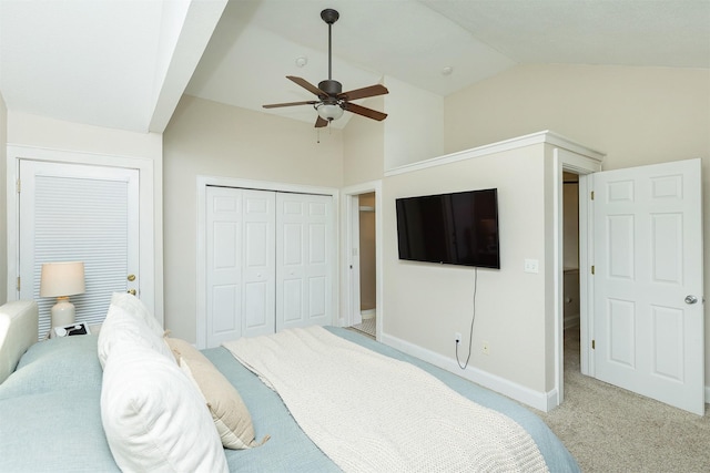 2620 35th St, Des Moines, IA 50310 - bedroom featuring lofted ceiling, light colored carpet, a closet, baseboards, and ceiling fan