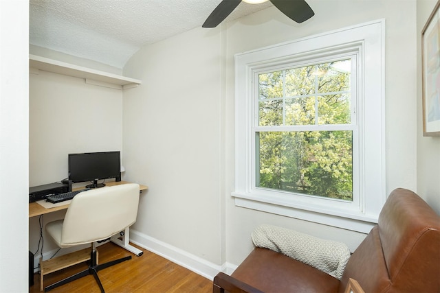 2620 35th St, Des Moines, IA 50310 - office space with wood finished floors, baseboards, ceiling fan, and a textured ceiling