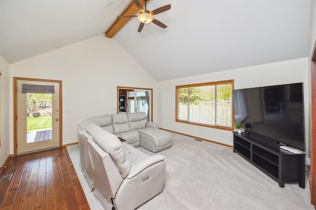 15919 Hawthorn Cir, Clive, IA 50325 - living room with ceiling fan, beamed ceiling, baseboards, high vaulted ceiling, and hardwood / wood-style flooring