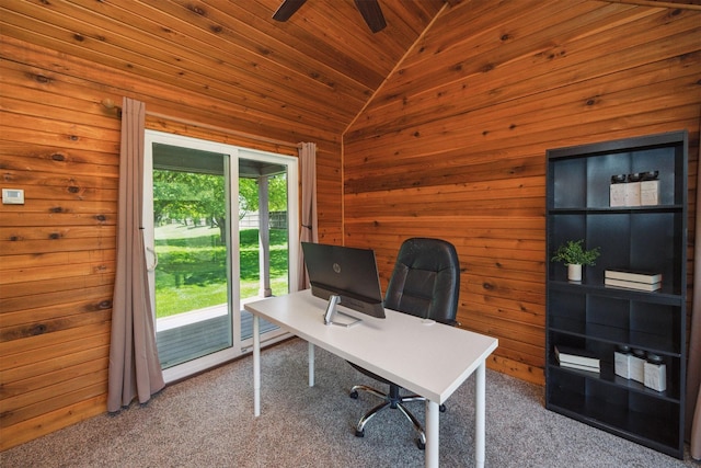 15919 Hawthorn Cir, Clive, IA 50325 - home office featuring lofted ceiling, carpet floors, wooden walls, wooden ceiling, and a ceiling fan