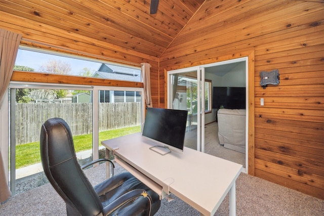 15919 Hawthorn Cir, Clive, IA 50325 - carpeted office with lofted ceiling, wooden walls, and wooden ceiling