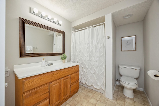 15919 Hawthorn Cir, Clive, IA 50325 - full bathroom with toilet, a textured ceiling, vanity, a shower with curtain, and baseboards