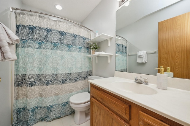 15919 Hawthorn Cir, Clive, IA 50325 - bathroom with toilet, vanity, tile patterned flooring, recessed lighting, and a shower with shower curtain