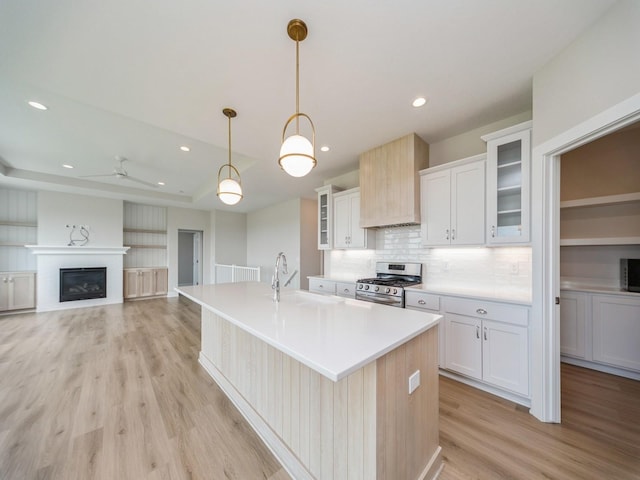 460 NW Gracewood Dr, Waukee, IA 50263 - kitchen with stainless steel range with gas cooktop, light wood-style flooring, ceiling fan, backsplash, and light countertops
