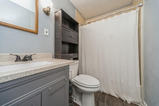 bathroom featuring toilet, vanity, wood finished floors, and a shower with curtain