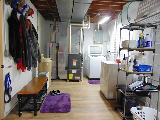 7120 Hickory Ln, Urbandale, IA 50322 - unfinished below grade area with gas water heater, washing machine and dryer, electric panel, wood finished floors, and heating unit