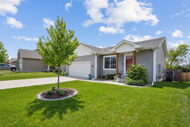 single story home with concrete driveway, an attached garage, roof with shingles, and central AC unit