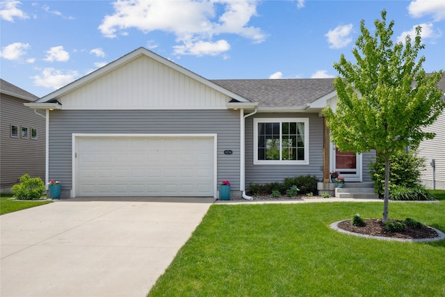 single story home with a garage, a front lawn, concrete driveway, and roof with shingles