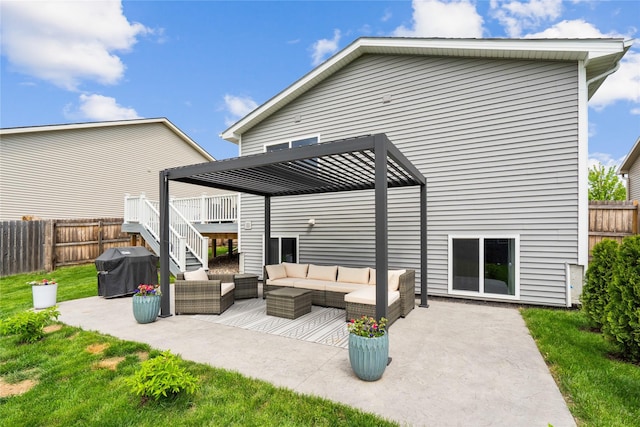 rear view of property featuring an outdoor living space, a pergola, a patio, and stairway