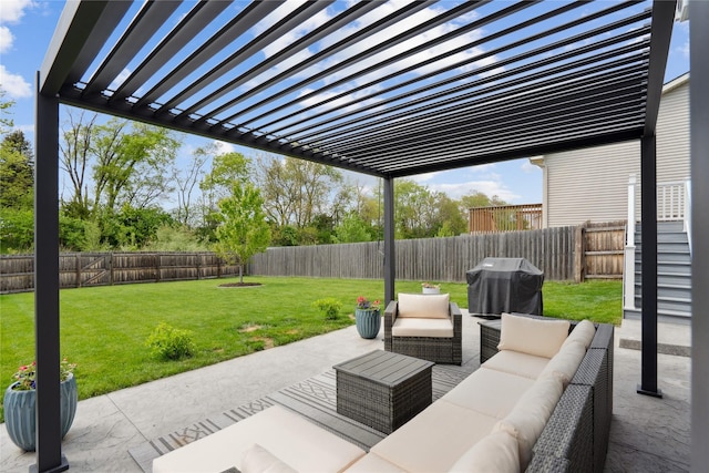 view of patio with an outdoor living space, a grill, and a pergola