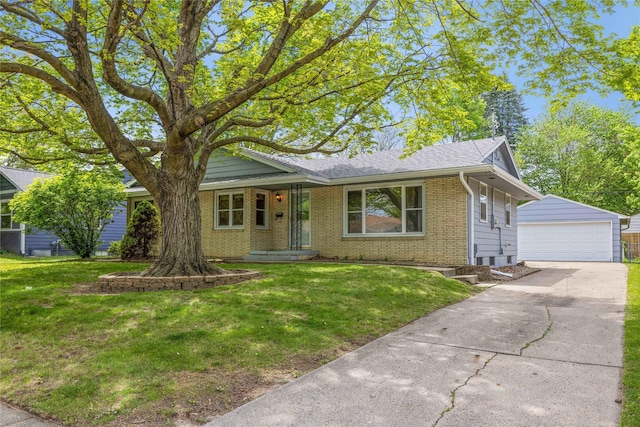 single story home featuring brick siding, an outdoor structure, a garage, and a front lawn