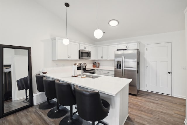1415 Fair View Dr, Dallas Center, IA 50063 - kitchen with stainless steel appliances, a peninsula, light countertops, dark wood-style flooring, and high vaulted ceiling