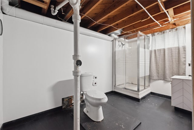 2012 61st St, Des Moines, IA 50322 - bathroom featuring a shower stall, toilet, vanity, and baseboards