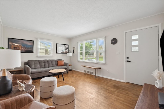 2012 61st St, Des Moines, IA 50322 - living area with light wood-type flooring, healthy amount of natural light, ornamental molding, baseboards, and a textured ceiling