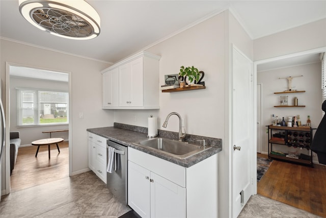 2012 61st St, Des Moines, IA 50322 - kitchen with stainless steel dishwasher, ornamental molding, a sink, open shelves, and white cabinets