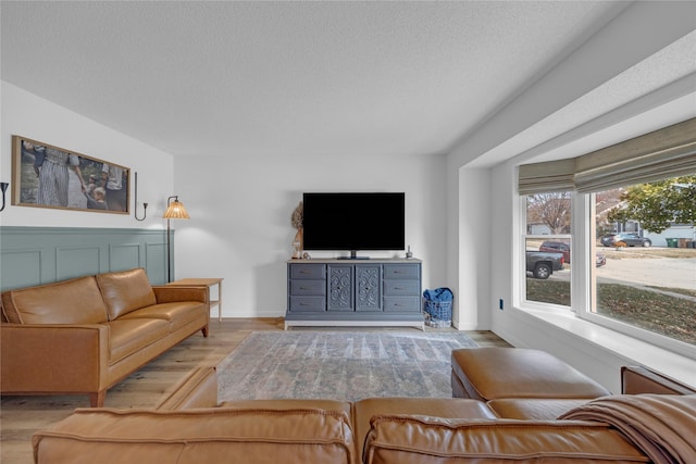 living area featuring wood finished floors, a textured ceiling, and baseboards