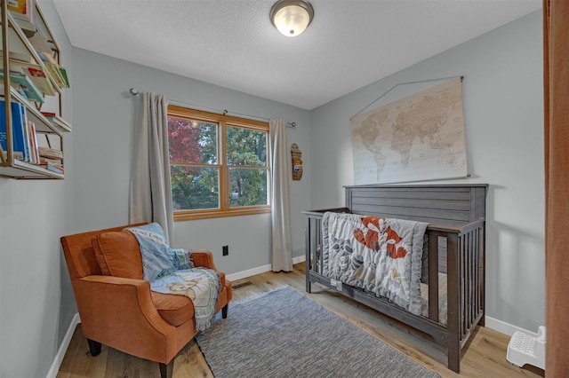 sitting room with baseboards, wood finished floors, and a textured ceiling