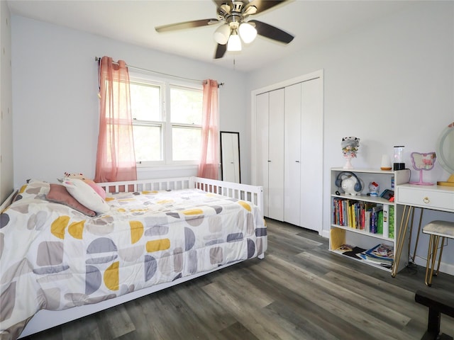 bedroom with wood finished floors, a closet, and ceiling fan