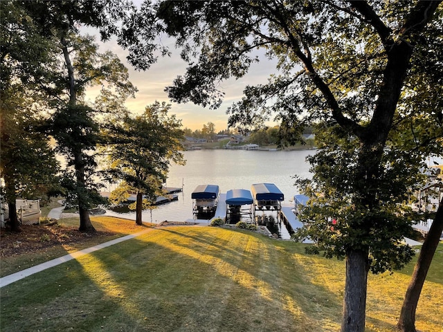 water view featuring a boat dock and boat lift