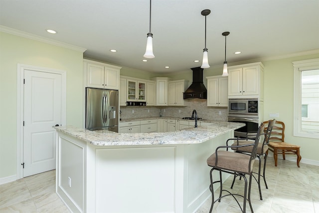 1914 Park Ave, Des Moines, IA 50315 - kitchen featuring appliances with stainless steel finishes, custom range hood, ornamental molding, baseboards, and tasteful backsplash