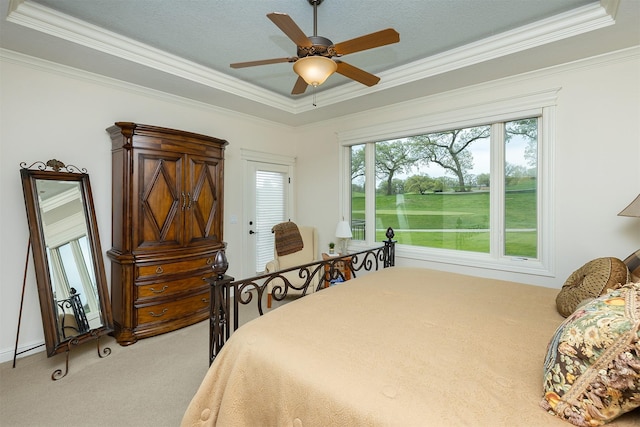 1914 Park Ave, Des Moines, IA 50315 - bedroom featuring light colored carpet, ornamental molding, a tray ceiling, a ceiling fan, and baseboard heating