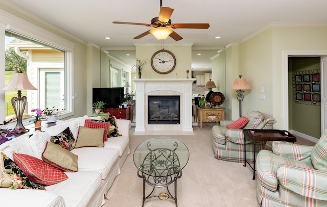 1914 Park Ave, Des Moines, IA 50315 - living area with healthy amount of natural light, a premium fireplace, ceiling fan, light colored carpet, and recessed lighting
