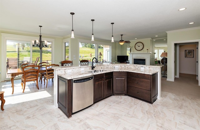 1914 Park Ave, Des Moines, IA 50315 - kitchen with dishwasher, crown molding, ceiling fan, dark brown cabinetry, and open floor plan