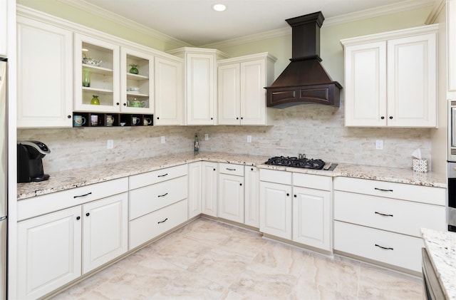 1914 Park Ave, Des Moines, IA 50315 - kitchen featuring custom exhaust hood, black gas cooktop, tasteful backsplash, crown molding, and light stone countertops
