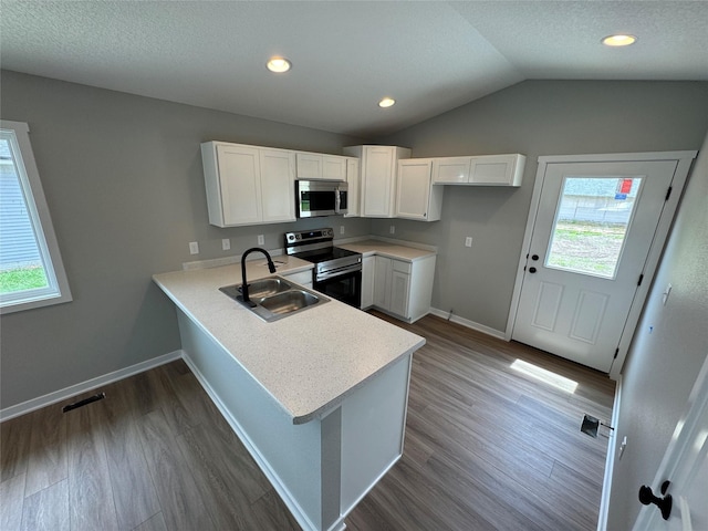 1533 Walker St, Des Moines, IA 50316 - kitchen with stainless steel appliances, white cabinetry, dark wood-style floors, light countertops, and lofted ceiling