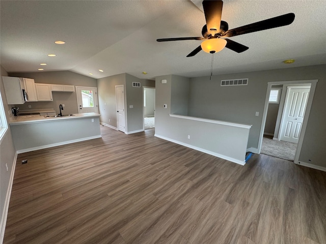 1533 Walker St, Des Moines, IA 50316 - unfurnished living room featuring dark wood-style floors, a ceiling fan, vaulted ceiling, recessed lighting, and a textured ceiling