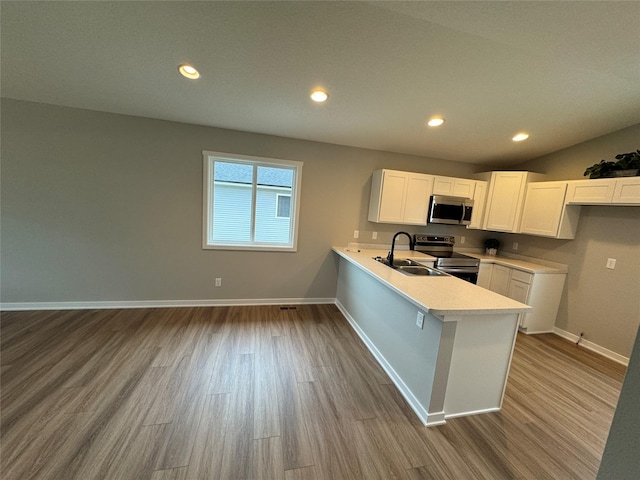 1533 Walker St, Des Moines, IA 50316 - kitchen featuring appliances with stainless steel finishes, a peninsula, wood finished floors, light countertops, and recessed lighting