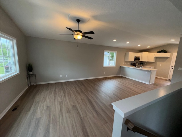 1533 Walker St, Des Moines, IA 50316 - unfurnished living room with wood finished floors, vaulted ceiling, a ceiling fan, and recessed lighting