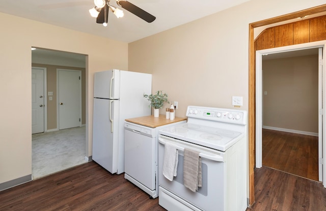 kitchen with white appliances, a ceiling fan, dark wood-style floors, and baseboards
