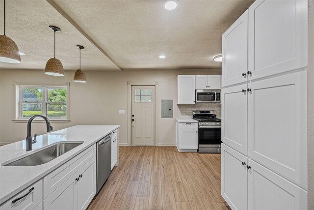 504 9th St, West Des Moines, IA 50265 - kitchen with stainless steel appliances, a sink, light wood-style flooring, electric panel, and light countertops