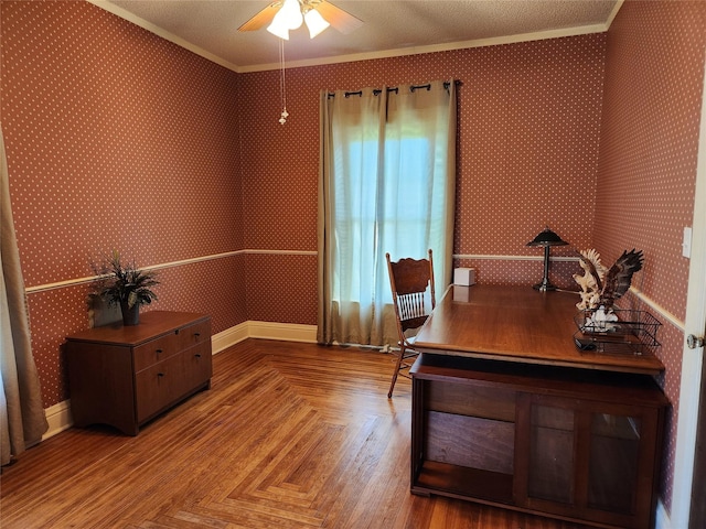 903 Greene St, Adel, IA 50003 - office area with ornamental molding, a ceiling fan, and wallpapered walls
