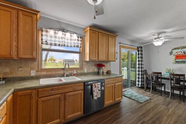 515 Kingman Blvd, Madrid, IA 50156 - kitchen featuring dishwashing machine, a sink, a ceiling fan, brown cabinets, and tasteful backsplash