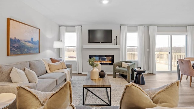 1415 Northview Dr, Waukee, IA 50263 - living area featuring wood finished floors, healthy amount of natural light, a glass covered fireplace, and recessed lighting