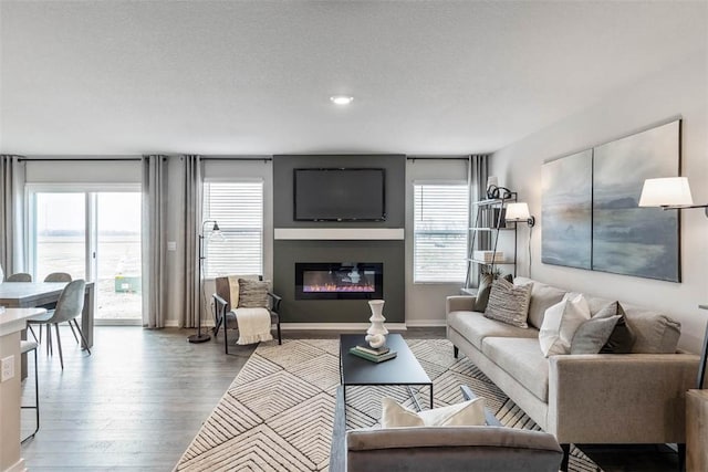 living room featuring wood finished floors, plenty of natural light, a glass covered fireplace, baseboards, and recessed lighting
