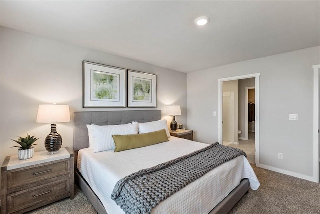 bedroom featuring light carpet, baseboards, and recessed lighting